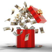 3D rendering of A lot of Nigerian Naira notes coming out of an opened red gift box png