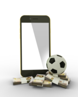 rendu 3d d'un téléphone portable avec ballon de football et piles de notes de naira nigérian isolées sur fond transparent.