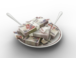 3D rendering of Egyptian pound notes on plate. Money spent on food concept. Food expenses, expensive meal, spending money concept. eating money, misuse of money png