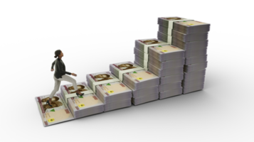 mujer de negocios subiendo escaleras hechas de billetes de naira nigerianos. Representación 3D de dinero dispuesto en forma de icono de gráfico de crecimiento financiero. concepto de crecimiento empresarial png