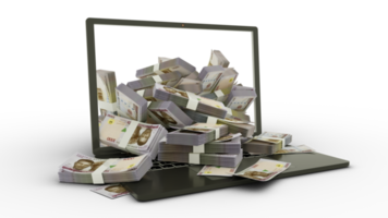 3D-Rendering von nigerianischen Naira-Noten, die aus einem Laptop-Monitor kommen, isoliert auf transparentem Hintergrund. Stapel von Naira-Noten in einem Laptop. Geld vom Computer, Geld vom Laptop png