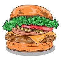 big burger, hamburger with filling complete with melted cheese, retro style sketch illustration vector