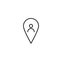 Vector symbol drawn with black thin line. Simple monochrome sign perfect for articles, books, stores, shops. Line icon of user inside of geolocation sign