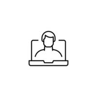 Simple black and white illustration drawn with thin line. Perfect for advertisement, internet shops, stores. Editable stroke. Vector line icon of faceless man laptop monitor