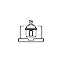 Simple black and white illustration drawn with thin line. Perfect for advertisement, internet shops, stores. Editable stroke. Vector line icon of multicooker on laptop monitor