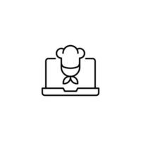 Simple black and white illustration drawn with thin line. Perfect for advertisement, internet shops, stores. Editable stroke. Vector line icon of chef on laptop monitor