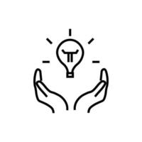 Support, present and charity concept. Modern vector sign drawn with black thin line. Editable stroke. Vector line icon of light bulb over outstretched hands