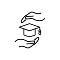 Support and gift signs. Minimalistic isolated vector image for web sites, shops, stores, adverts. Editable stroke. Vector line icon of academic square cap between outstretched hands