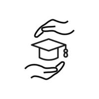 Support and gift signs. Minimalistic isolated vector image for web sites, shops, stores, adverts. Editable stroke. Vector line icon of academic square cap between outstretched hands