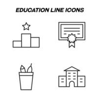 Monochrome isolated symbols drawn with black thin line. Perfect for stores, shops, adverts. Vector icon set with signs of progress line, diploma, school supplies, university