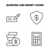 Monochrome isolated symbols drawn with black thin line. Perfect for stores, shops, adverts. Vector icon set with signs of business card, money, insurance, deposit, calculator