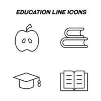 Monochrome isolated symbols drawn with black thin line. Perfect for stores, shops, adverts. Vector icon set with signs of apple, books and academic square cap