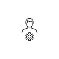 Monochrome sign drawn with black thin line. Modern vector symbol perfect for sites, apps, books, banners etc. Line icon of cogwheel or gear next to faceless man