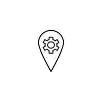 Vector symbol drawn with black thin line. Simple monochrome sign perfect for articles, books, stores, shops. Line icon of gear or cogwheel inside of geolocation sign