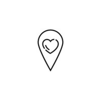 Vector symbol drawn with black thin line. Simple monochrome sign perfect for articles, books, stores, shops. Line icon of heart inside of geolocation sign