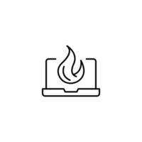 Simple black and white illustration drawn with thin line. Perfect for advertisement, internet shops, stores. Editable stroke. Vector line icon of flame or fire on laptop monitor