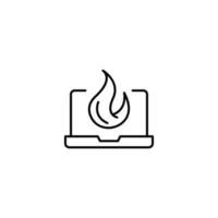 Simple black and white illustration drawn with thin line. Perfect for advertisement, internet shops, stores. Editable stroke. Vector line icon of flame or fire on laptop monitor