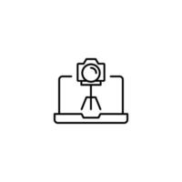 Simple black and white illustration drawn with thin line. Perfect for advertisement, internet shops, stores. Editable stroke. Vector line icon of photo camera on laptop monitor