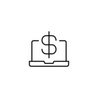 Simple black and white illustration drawn with thin line. Perfect for advertisement, internet shops, stores. Editable stroke. Vector line icon of dollar on laptop monitor