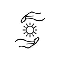 Support and gift signs. Minimalistic isolated vector image for web sites, shops, stores, adverts. Editable stroke. Vector line icon of sun between outstretched hands