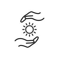 Support and gift signs. Minimalistic isolated vector image for web sites, shops, stores, adverts. Editable stroke. Vector line icon of sun between outstretched hands