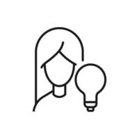 Profession, occupation, hobby of woman. Outline sign drawn with black thin line. Editable stroke. Vector monochrome line icon of light bulb or lamp by female