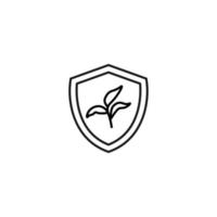 Shield, armor, protection sign. Minimalistic vector symbol drawn with black thin line. Suitable for adverts, stores, shops, books. Line icon of plant inside of armor or shield