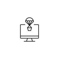 Item on pc monitor. Outline sign suitable for web sites, apps, stores etc. Editable stroke. Vector monochrome line icon of balloon with basket on computer monitor