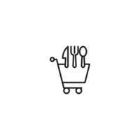 Selling, purchase, shopping concept. Vector sign suitable for web sites, stores, shops, articles, books. Editable stroke. Line icon of knife, fork and spoon in shopping cart