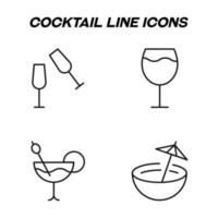 Monochrome isolated symbols drawn with black thin line. Perfect for stores, shops, adverts. Vector icon set with signs of wine and cocktails in glasses