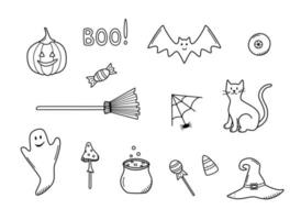 Cartoon set of Halloween icons, vector doodle illustration, holiday elements day of the dead