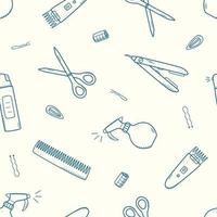 Set of hairdressing elements, seamless pattern of doodle icons for hair care. Vector illustration background wallpaper