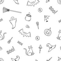 Seamless Pattern Cartoon set of Halloween icons, vector doodle illustration, holiday elements day of the dead