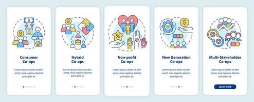 Types of business co-ops onboarding mobile app screen. Corporate walkthrough 5 steps graphic instructions pages with linear concepts. UI, UX, GUI template. vector