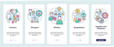 categorías de miembros que incorporan la pantalla de la aplicación móvil. tutorial de cooperativas empresariales 5 pasos páginas de instrucciones gráficas con conceptos lineales. interfaz de usuario, ux, plantilla de interfaz gráfica de usuario. vector