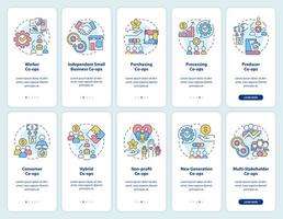 Business cooperatives types onboarding mobile app screen set. Corporate walkthrough 5 steps graphic instructions pages with linear concepts. UI, UX, GUI template. vector