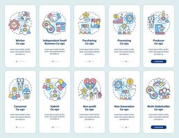 conjunto de pantallas de aplicación móvil de incorporación de tipos de cooperativas empresariales. tutorial corporativo 5 pasos páginas de instrucciones gráficas con conceptos lineales. interfaz de usuario, ux, plantilla de interfaz gráfica de usuario. vector