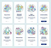 Business cooperatives advantages onboarding mobile app screen set. Walkthrough 4 steps graphic instructions pages with linear concepts. UI, UX, GUI template. vector