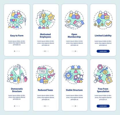 Business cooperatives advantages onboarding mobile app screen set. Walkthrough 4 steps graphic instructions pages with linear concepts. UI, UX, GUI template.