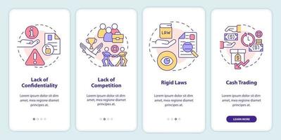 Disadvantages of co-ops onboarding mobile app screen. Business issues walkthrough 4 steps graphic instructions pages with linear concepts. UI, UX, GUI template. vector