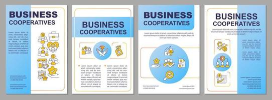 Cooperatives in business blue brochure template. Partners alliance. Leaflet design with linear icons. 4 vector layouts for presentation, annual reports.