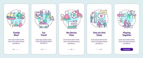 Quality time together onboarding mobile app screen. Leisure and vacation walkthrough 5 steps graphic instructions pages with linear concepts. UI, UX, GUI template. vector