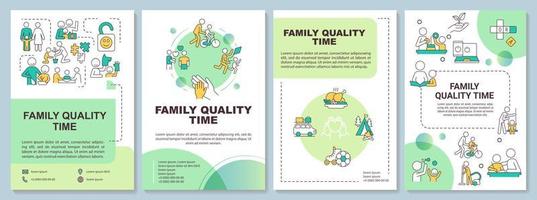 Family quality time green brochure template. Family relationship. Leaflet design with linear icons. 4 vector layouts for presentation, annual reports.