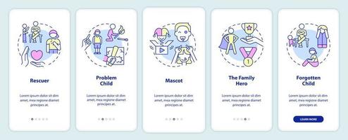 roles infantiles en familias disfuncionales que incorporan la pantalla de la aplicación móvil. tutorial 5 pasos páginas de instrucciones gráficas con conceptos lineales. interfaz de usuario, ux, plantilla de interfaz gráfica de usuario. vector