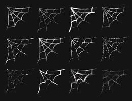 Set of 12 spiderweb in sketch style. Thin uneven grunge paint brush strokes, smears. Design elements for Halloween design. Spooky, scary, horror halloween decor. Vector. vector