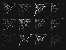 Set of 12 spiderweb in sketch style. Thin uneven grunge paint brush strokes, smears. Design elements for Halloween design. Spooky, scary, horror halloween decor. Vector. vector