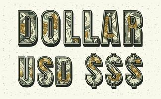 Set of words Dollar, USD with 100 US dollar bills and gold one dollar coins inside of letters. Volumetric appearance of text. vector