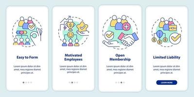 Benefits of co-ops onboarding mobile app screen. Partnership walkthrough 4 steps graphic instructions pages with linear concepts. UI, UX, GUI template. vector