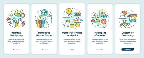 principios cooperativos que incorporan la pantalla de la aplicación móvil. tutorial de negocios 5 pasos páginas de instrucciones gráficas con conceptos lineales. interfaz de usuario, ux, plantilla de interfaz gráfica de usuario. vector