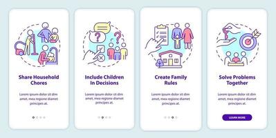 alentar el trabajo en equipo al incorporar la pantalla de la aplicación móvil. Tutorial de relaciones familiares Páginas de instrucciones gráficas de 4 pasos con conceptos lineales. interfaz de usuario, ux, plantilla de interfaz gráfica de usuario. vector